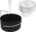 Black grill grease cup holder with metal clip and aluminum foil grease cup liner