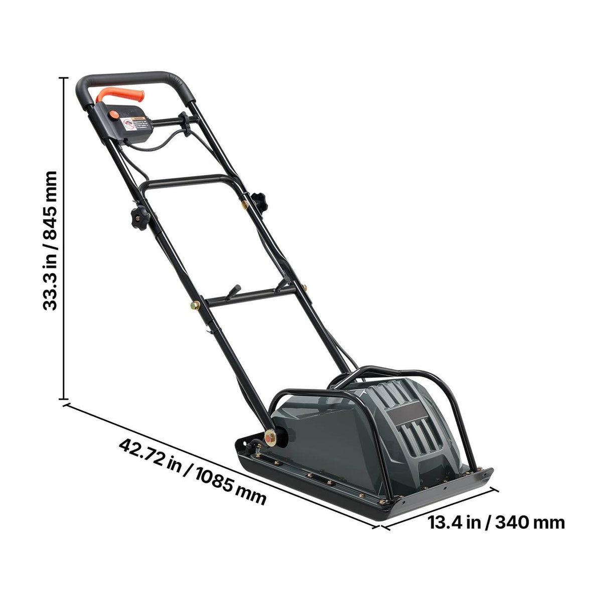 Electric plate compactor side view, 13.4 in steel plate, dark frame, orange handle