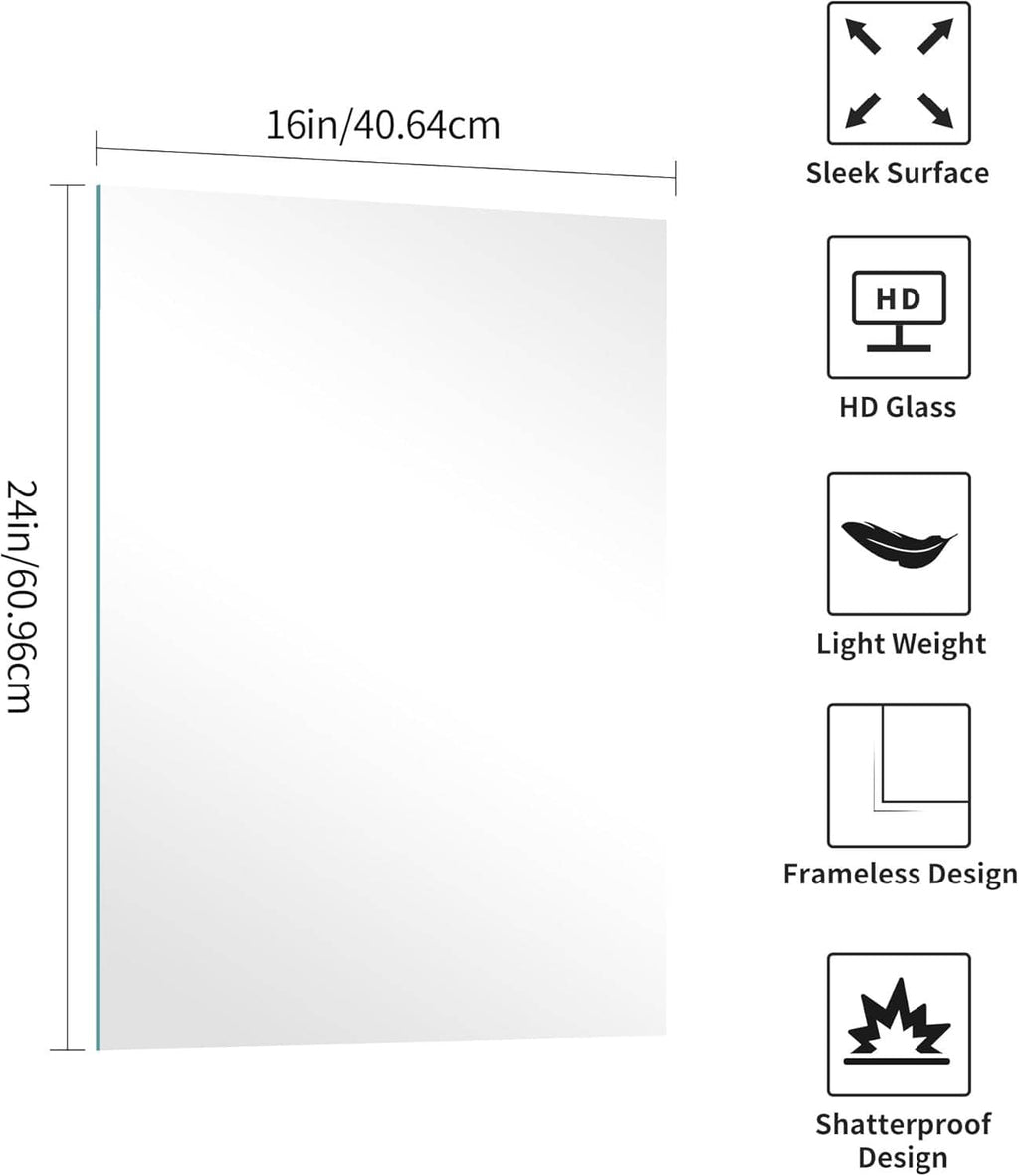 16 x 24 in rectangular frameless mirror with sleek HD glass diagram