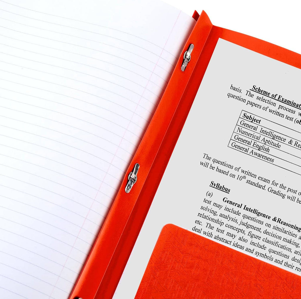 Orange-edged notebooks inside a red prong folder with metal prongs