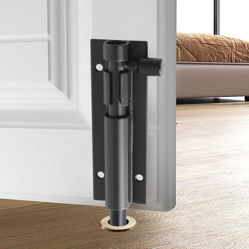 Black barrel bolt slide latch on door jamb, showing locked barrel mechanism