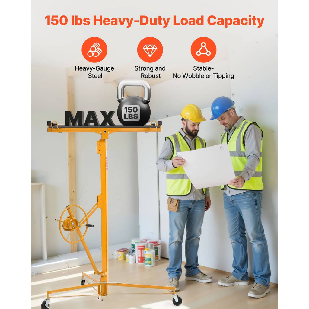 Orange drywall hoist with max 150 lbs label, winch, and four caster wheels.