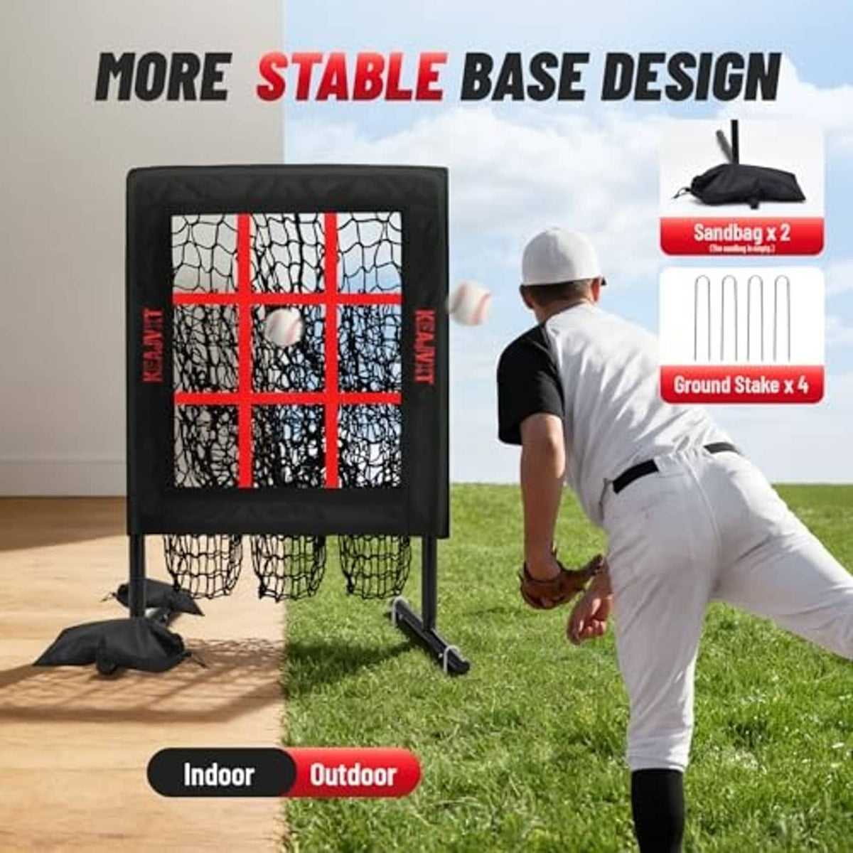Pitching strike-zone net target with red grid, sandbags and ground stakes included