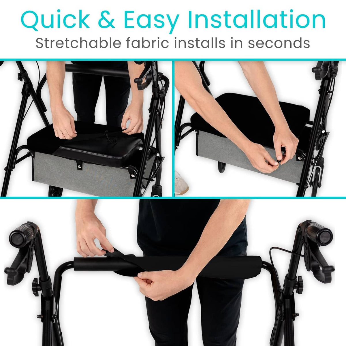 Black rollator seat and backrest cover shown being installed with stretchy fit