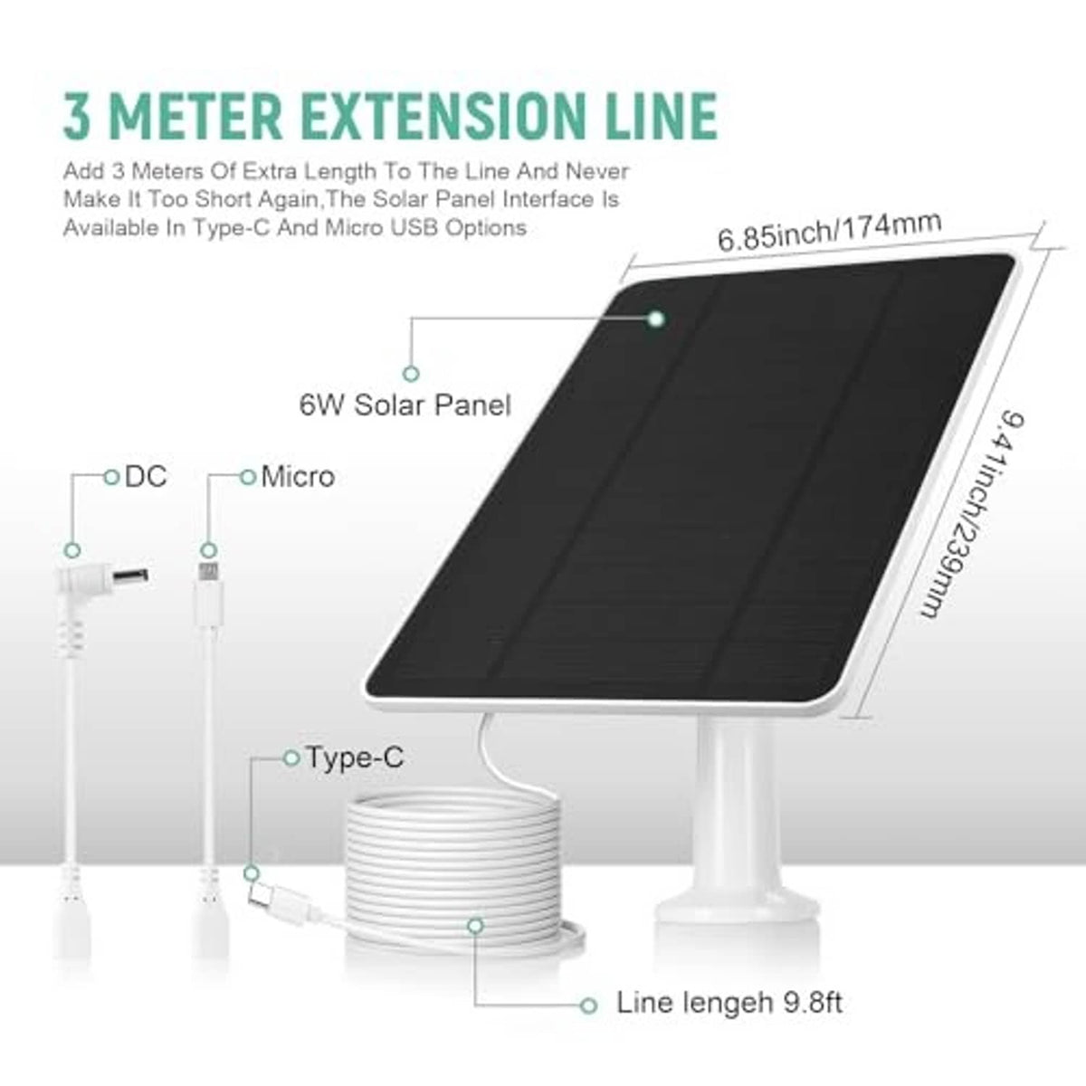 Black solar panel with white base mount and long extension line with coiled cable
