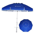 Blue beach umbrella with sand anchor base, open canopy, and central support pole