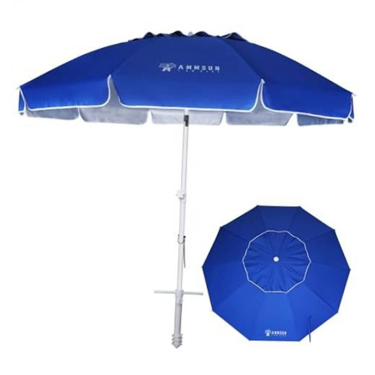 Blue beach umbrella with sand anchor base, open canopy, and central support pole