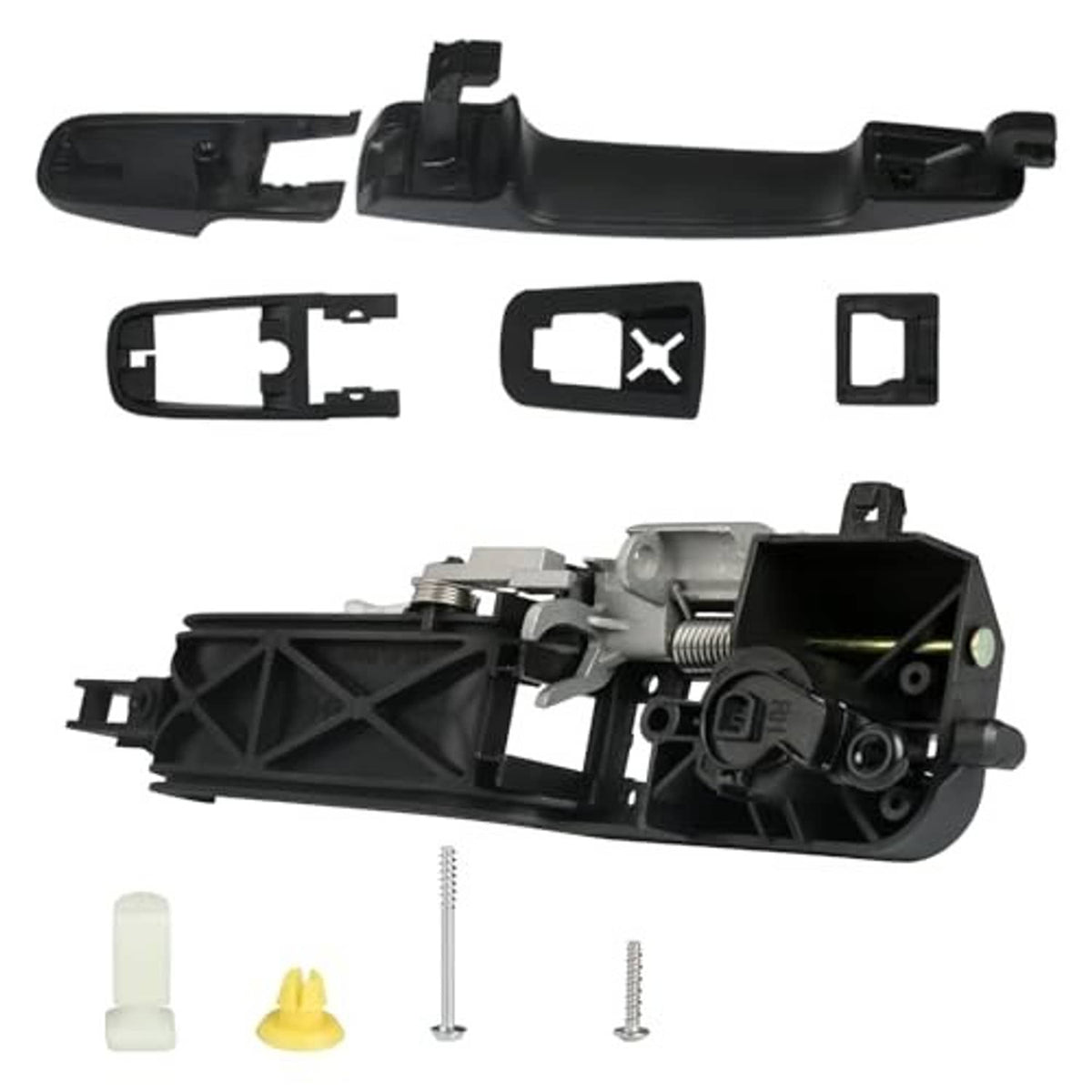 Black exterior door handle kit with latch mechanism, spring, screws, and mounting caps