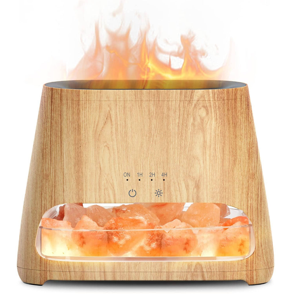 Wood-grain ultrasonic essential oil diffuser with clear top and pink Himalayan salt crystals