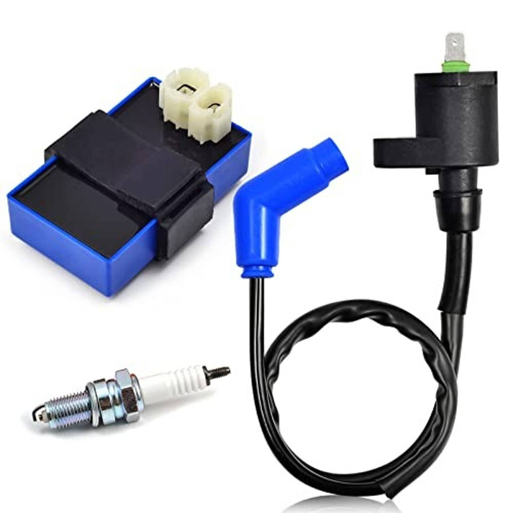 Ignition CDI box kit showing black control unit, blue Y connector, spark plug and coil