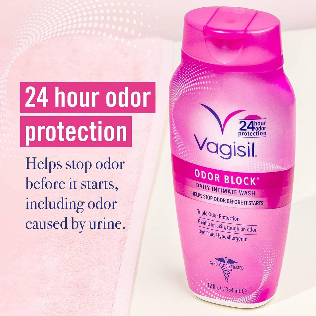 Vagisil Odor Block daily intimate wash pink bottle with 24-hour odor protection