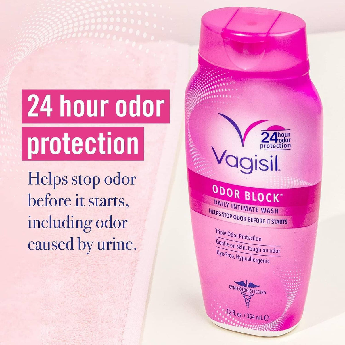 Vagisil Odor Block daily intimate wash pink bottle with 24-hour odor protection