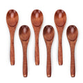 Set of 6 small wooden soup spoons with rounded bowls and smooth brown finish