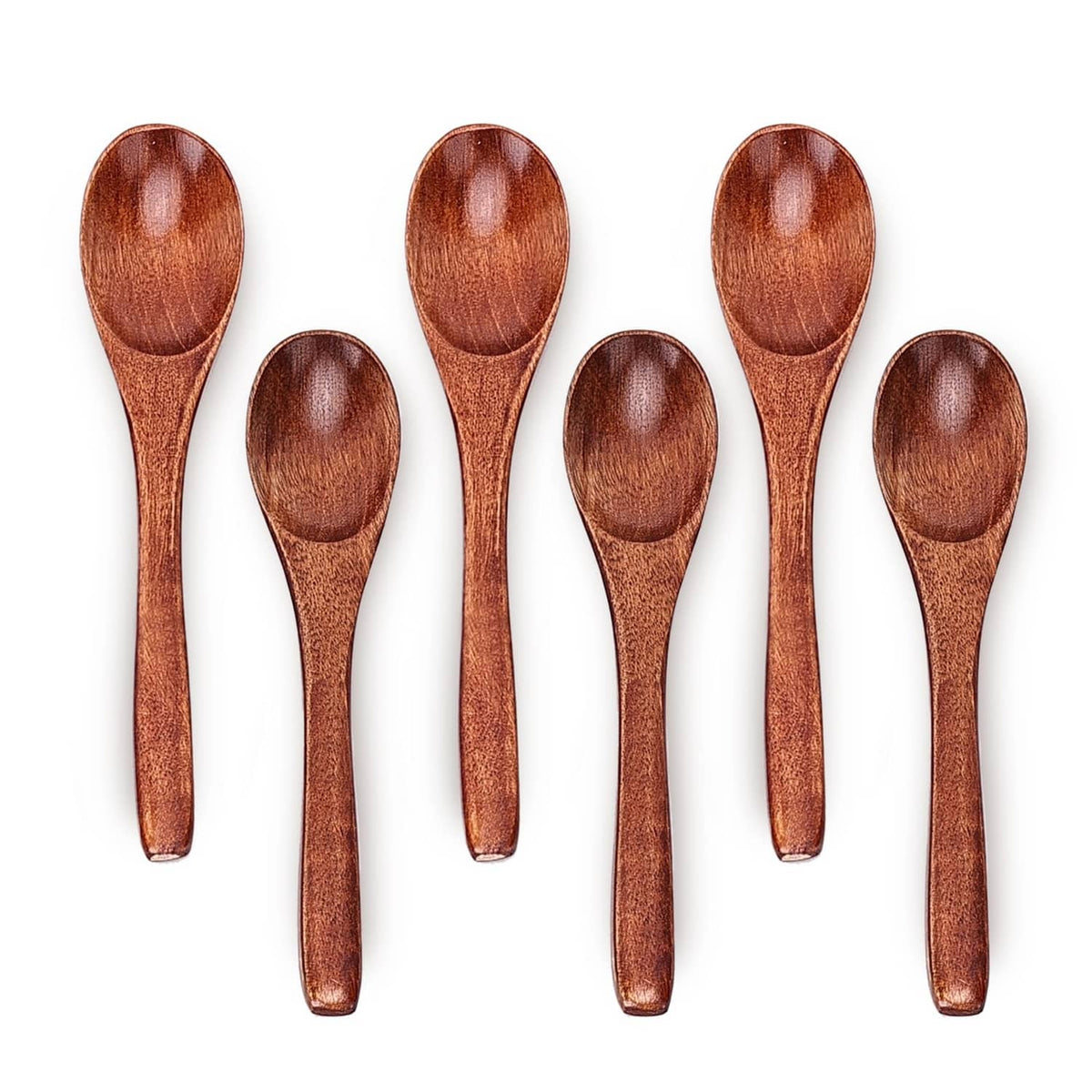 Set of 6 small wooden soup spoons with rounded bowls and smooth brown finish