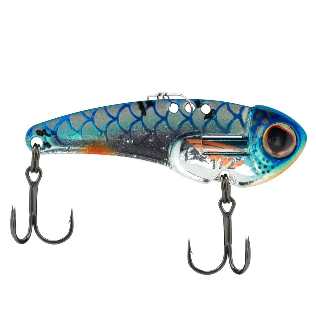 Blue-silver blade bait fishing lure with red eye and dual treble hooks