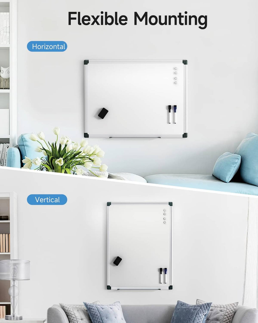 Magnetic dry erase whiteboard with silver frame, mounted horizontally or vertically