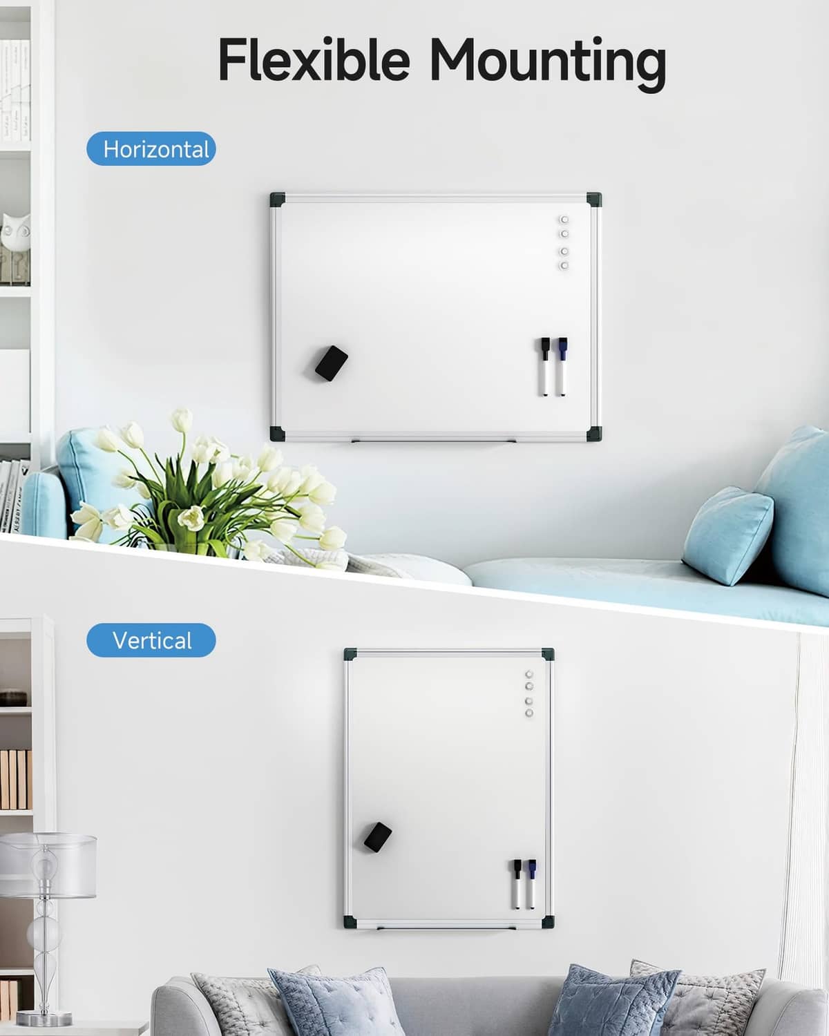 Magnetic dry erase whiteboard with silver frame, mounted horizontally or vertically