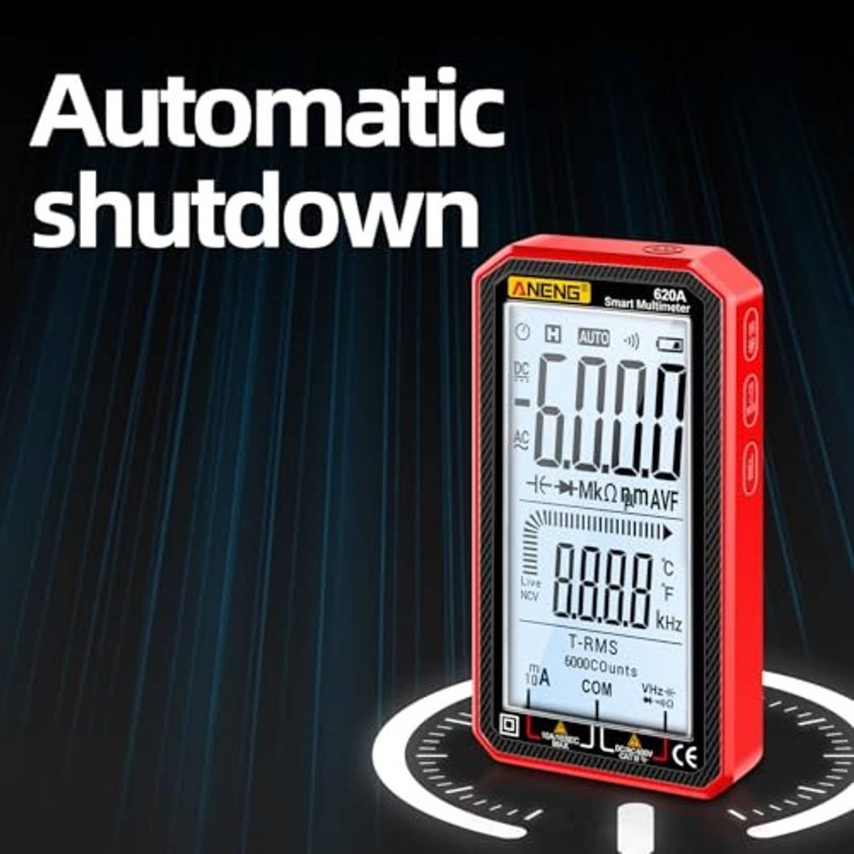 Red digital multimeter tester with LCD display and control buttons