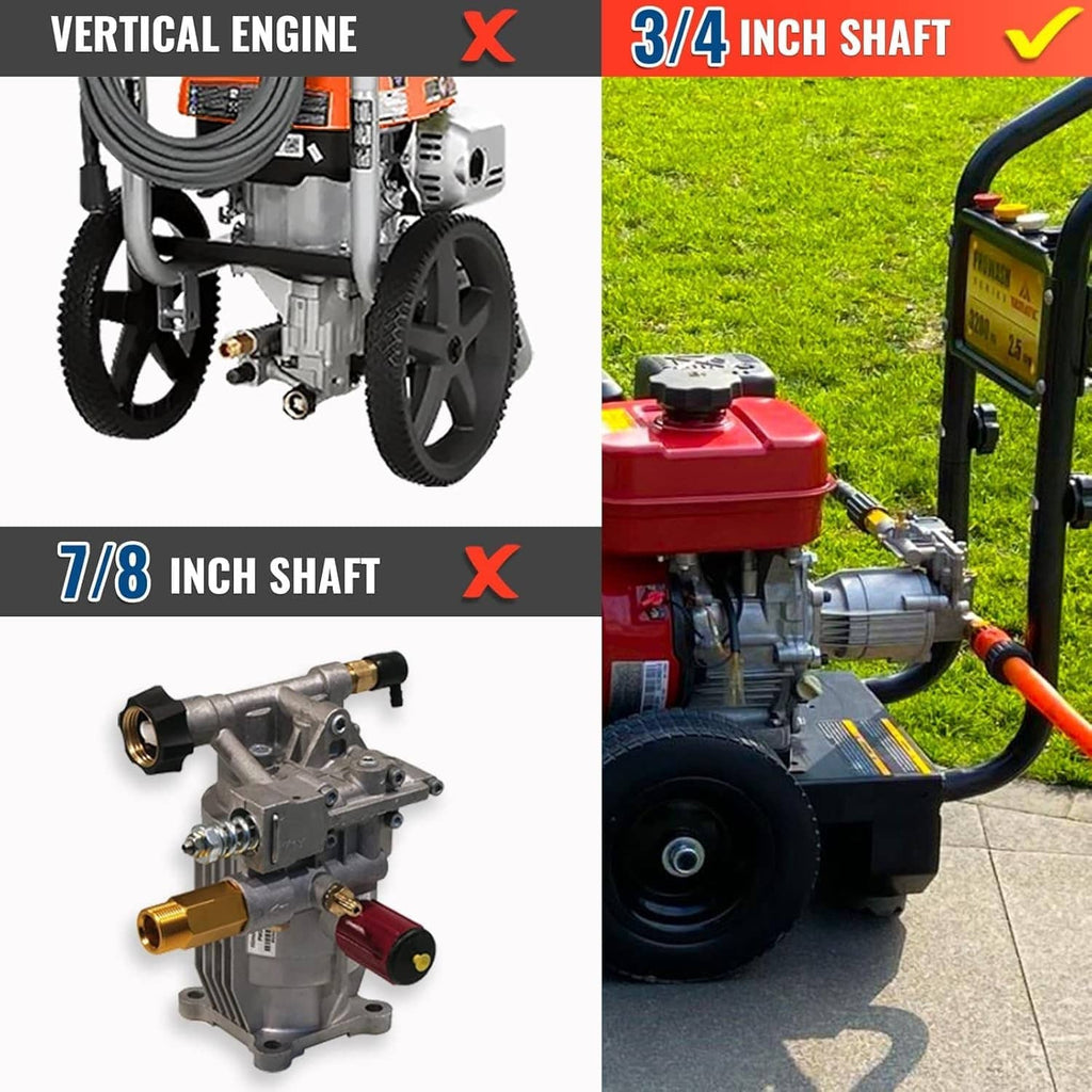 Silver pressure washer pump showing horizontal 3/4 in shaft configuration