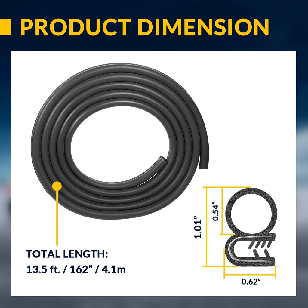 Black door weatherstrip seal with marked U-channel size and total 13.5 ft length