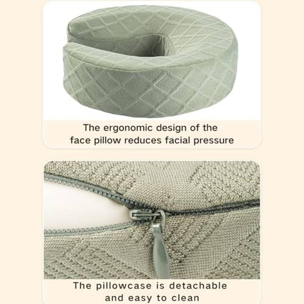 Green ergonomic face pillow with textured cover and zipper for easy cleaning