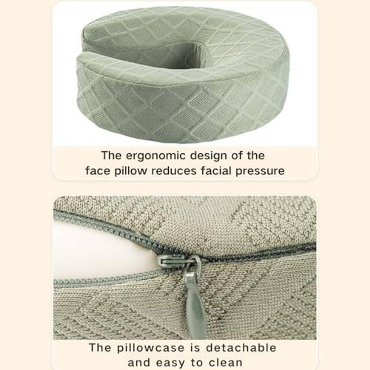 Green ergonomic face pillow with textured cover and zipper for easy cleaning