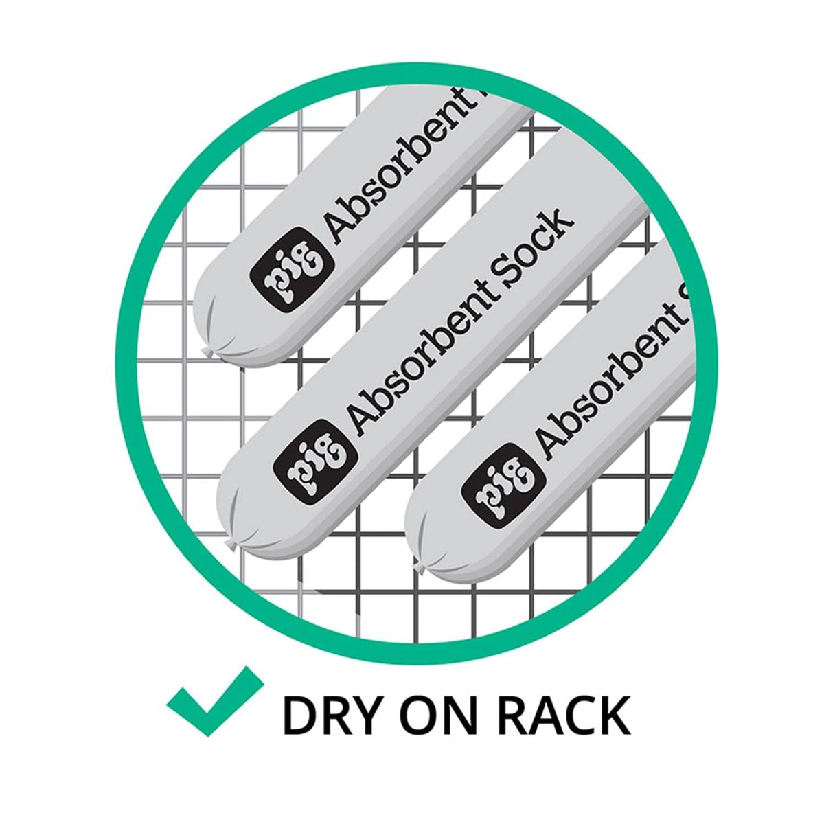 Absorbent sock drying graphic: dry on rack, showing three blue sock rolls