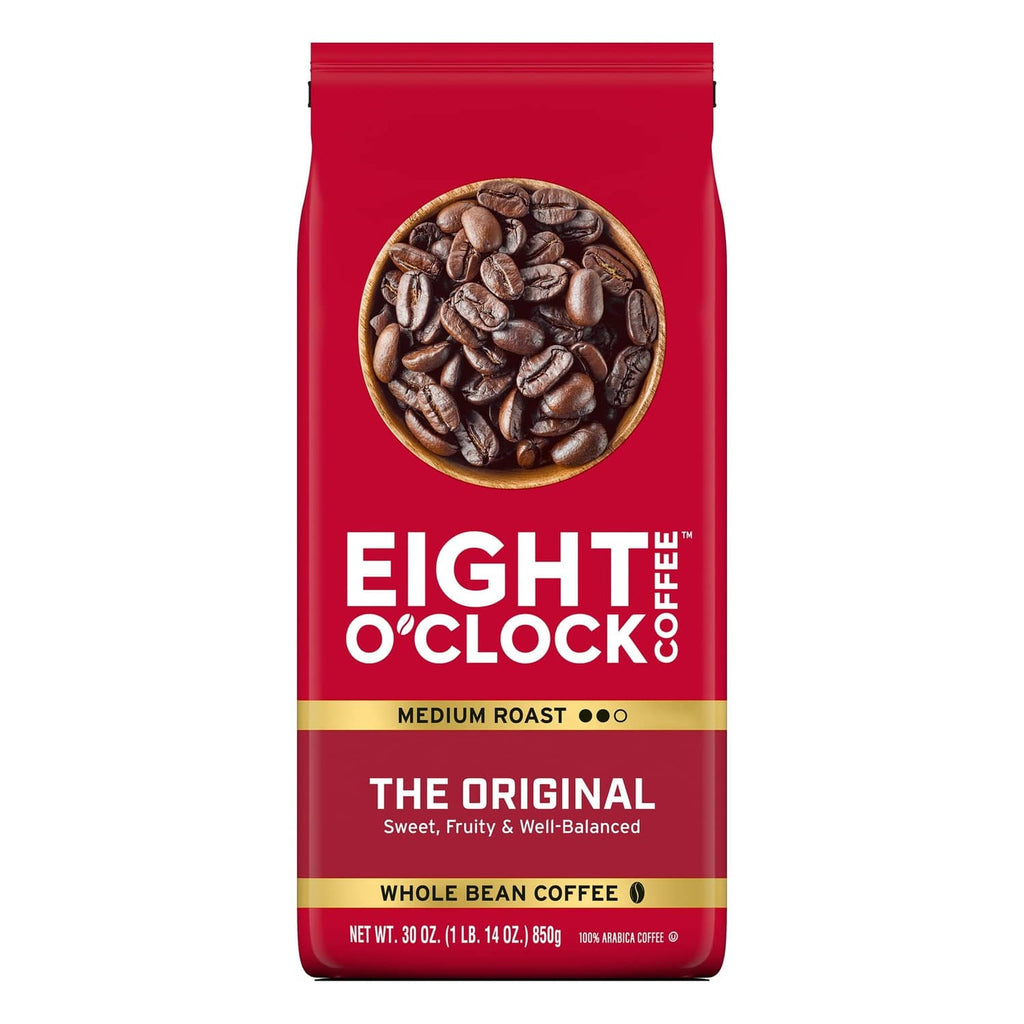 Medium roast whole bean coffee bag, red bag with round coffee-bean graphic