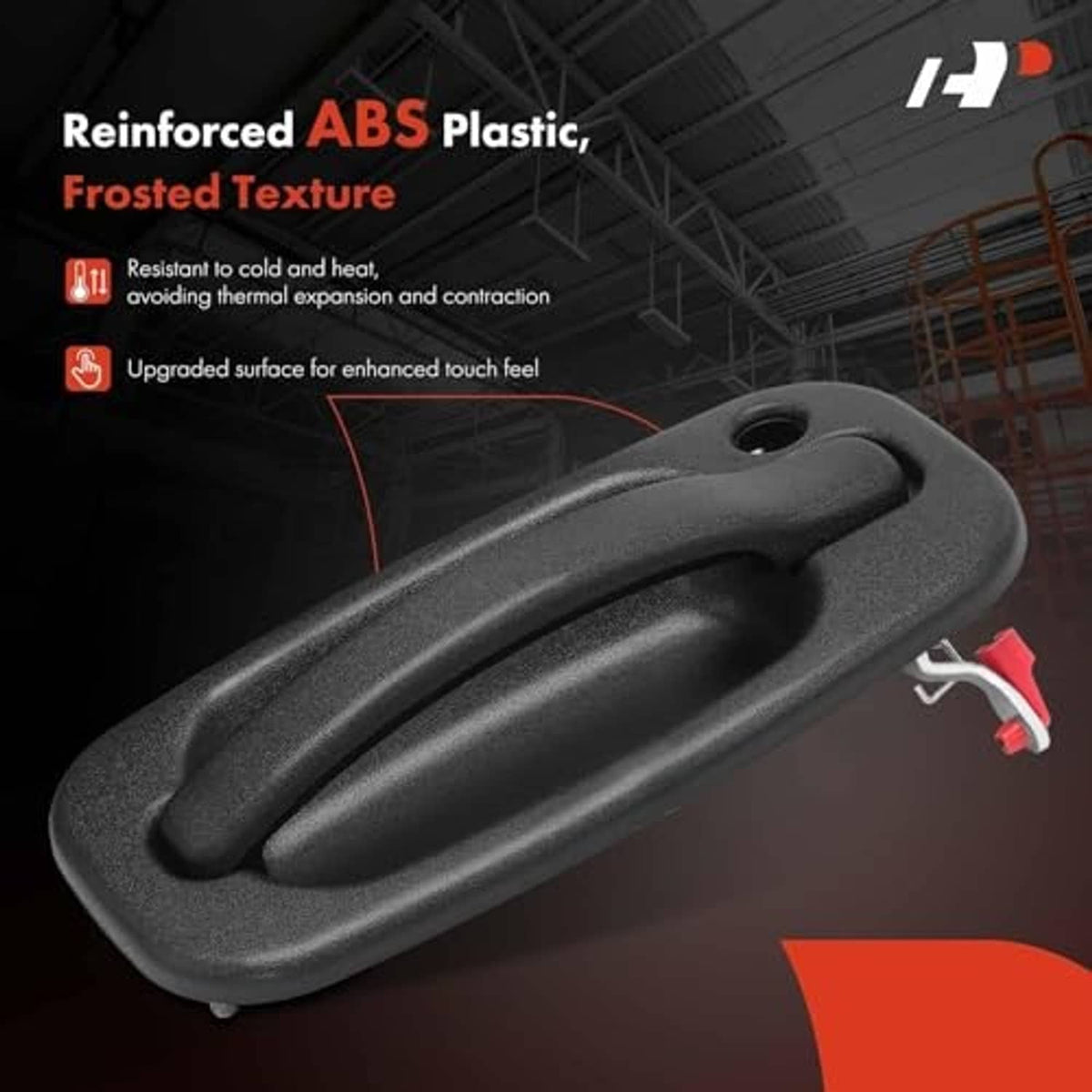 Textured black exterior door handle, smooth curved grip with keyhole end