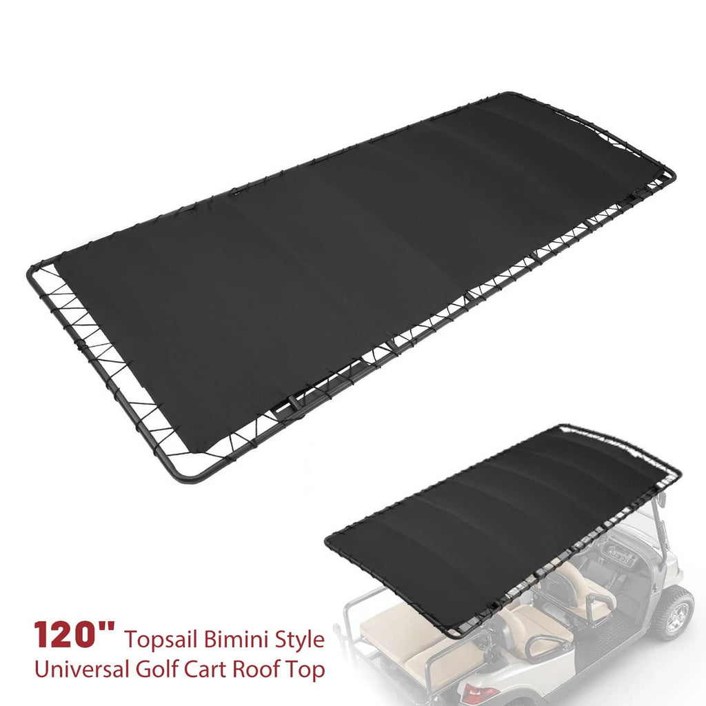 Black bimini-style golf cart roof canopy with tubular metal frame, 120-inch size.