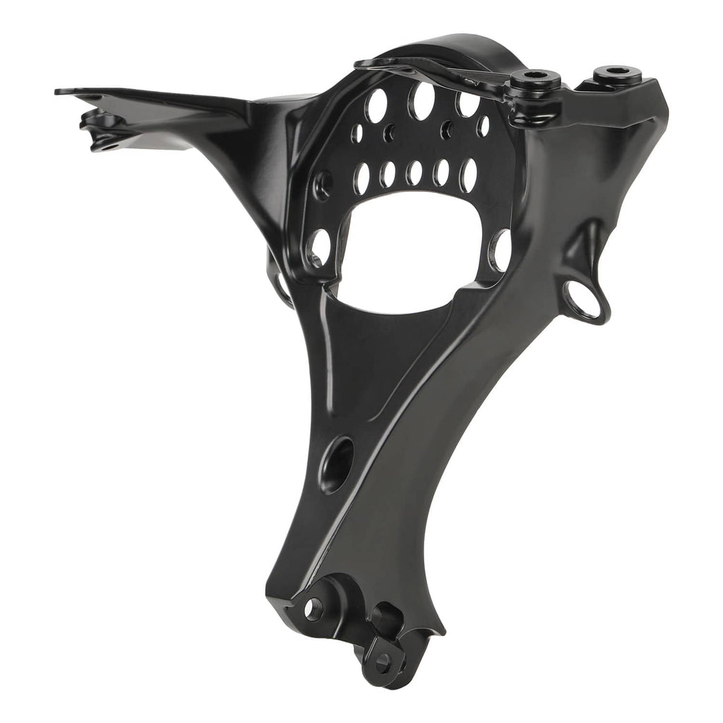 Black front upper fairing stay bracket 3/4 view with perforated mounting area