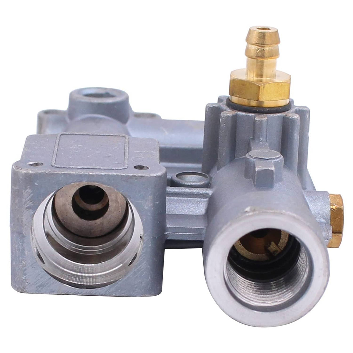 Pressure washer unloader manifold with two threaded outlet ports and brass connector