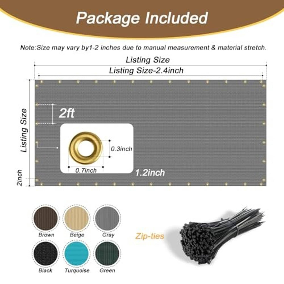 Gray shade cloth rectangle with grommets and included tie bundle