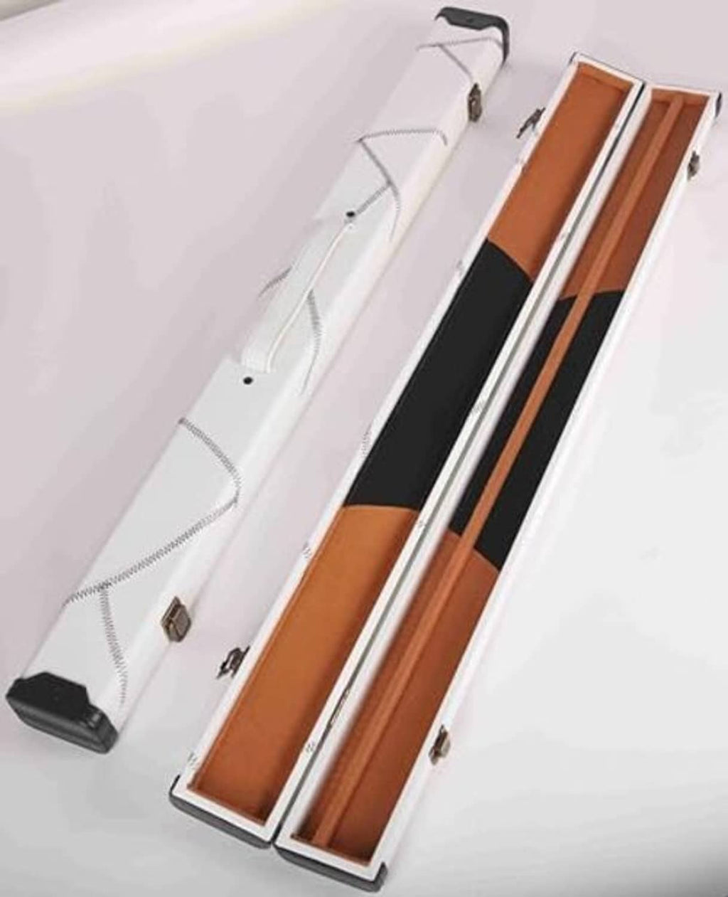 Hard billiard cue case holding one cue, white shell with tan and black inner tray