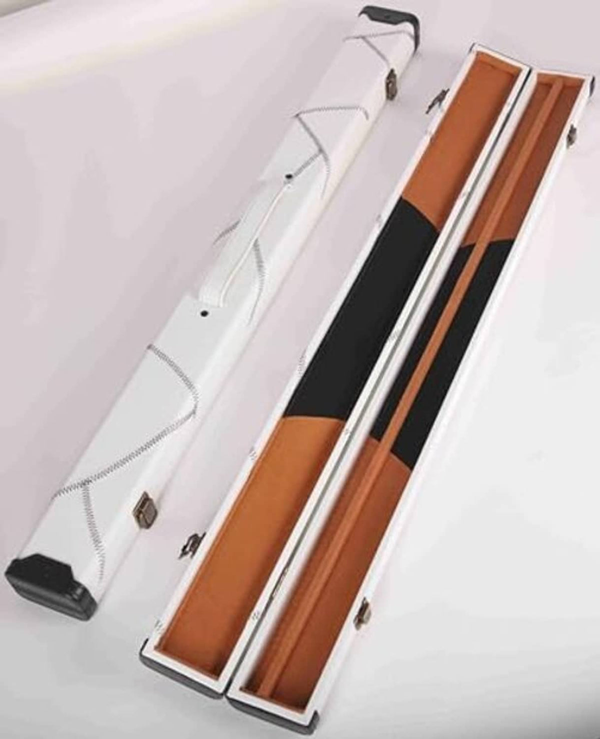 Hard billiard cue case holding one cue, white shell with tan and black inner tray