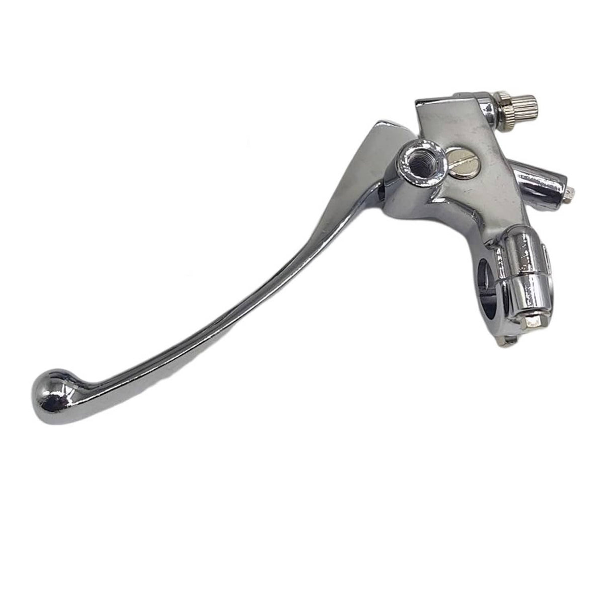 Silver left clutch lever perch with chrome pivot hardware and lever blade