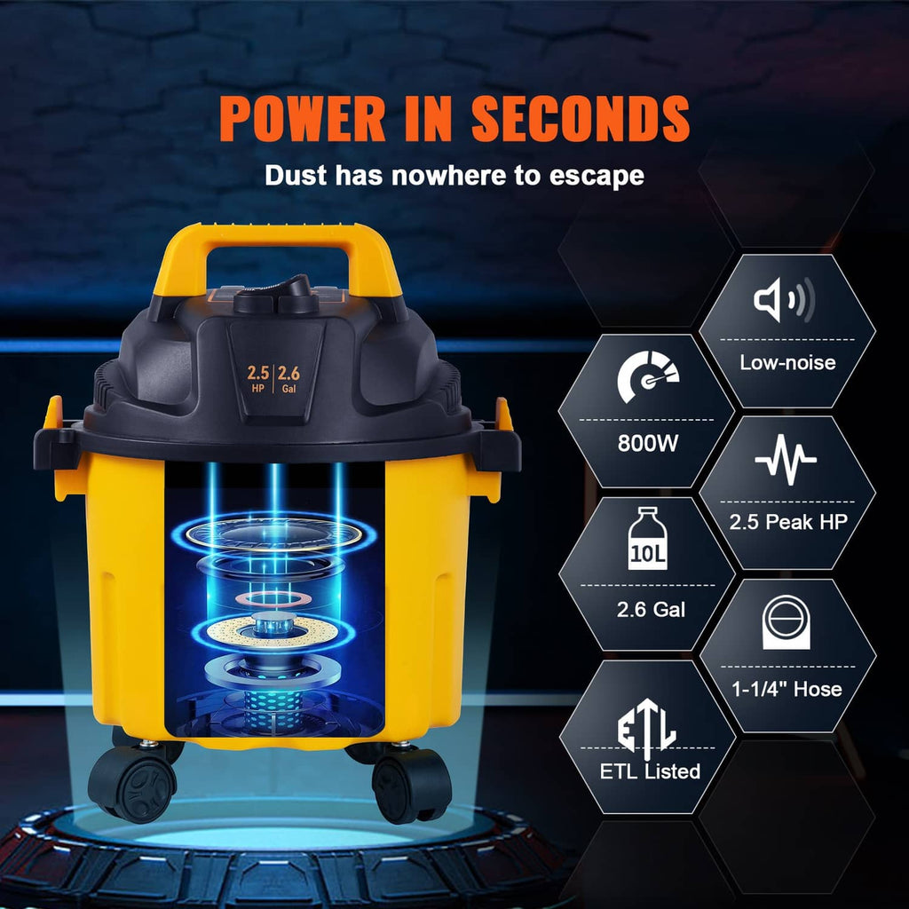Yellow and black wet/dry shop vacuum with airflow and power indicators