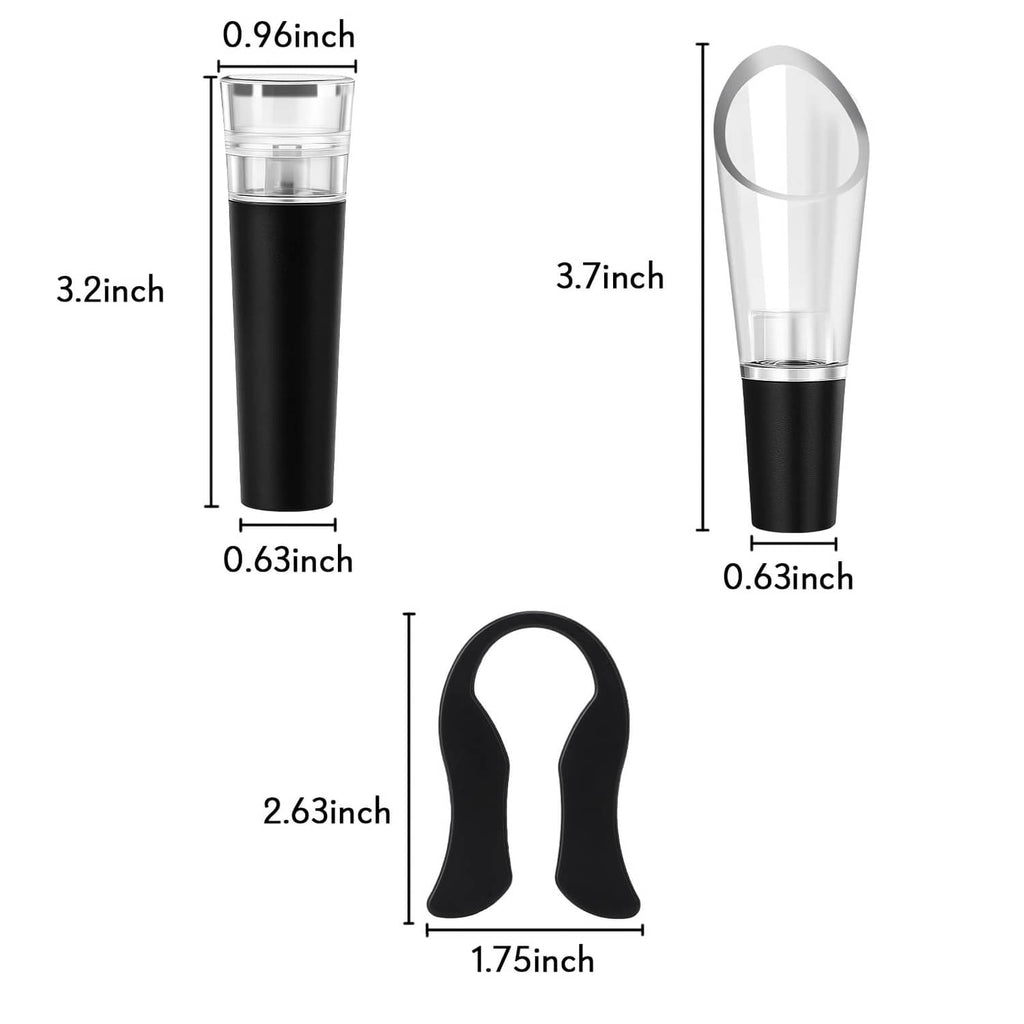 Wine opener accessories including vacuum stopper and wine pourer, with size diagrams