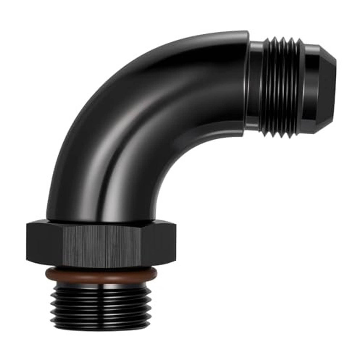 Black 90-degree AN male flare fitting elbow, curved tube with hex nut style ends