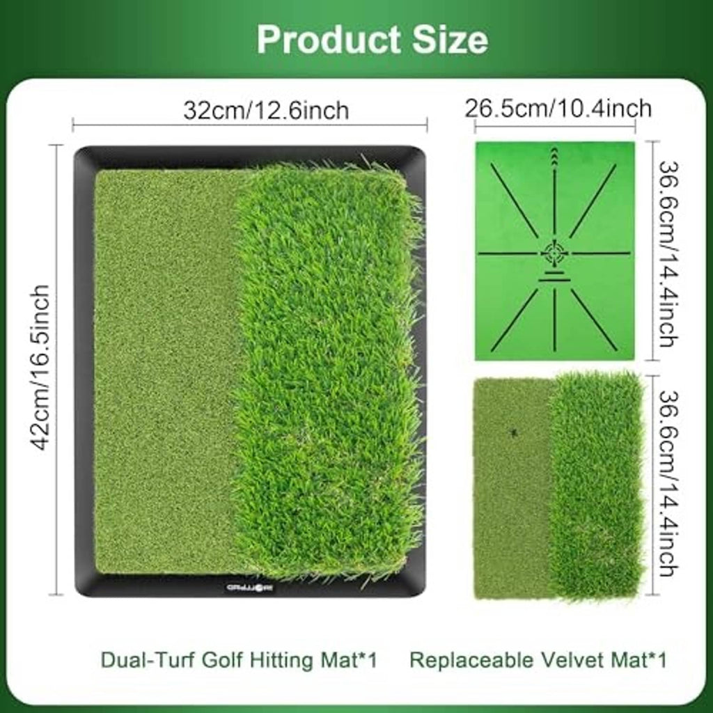 Golf hitting mat size view with green turf insert on black non-slip rubber base