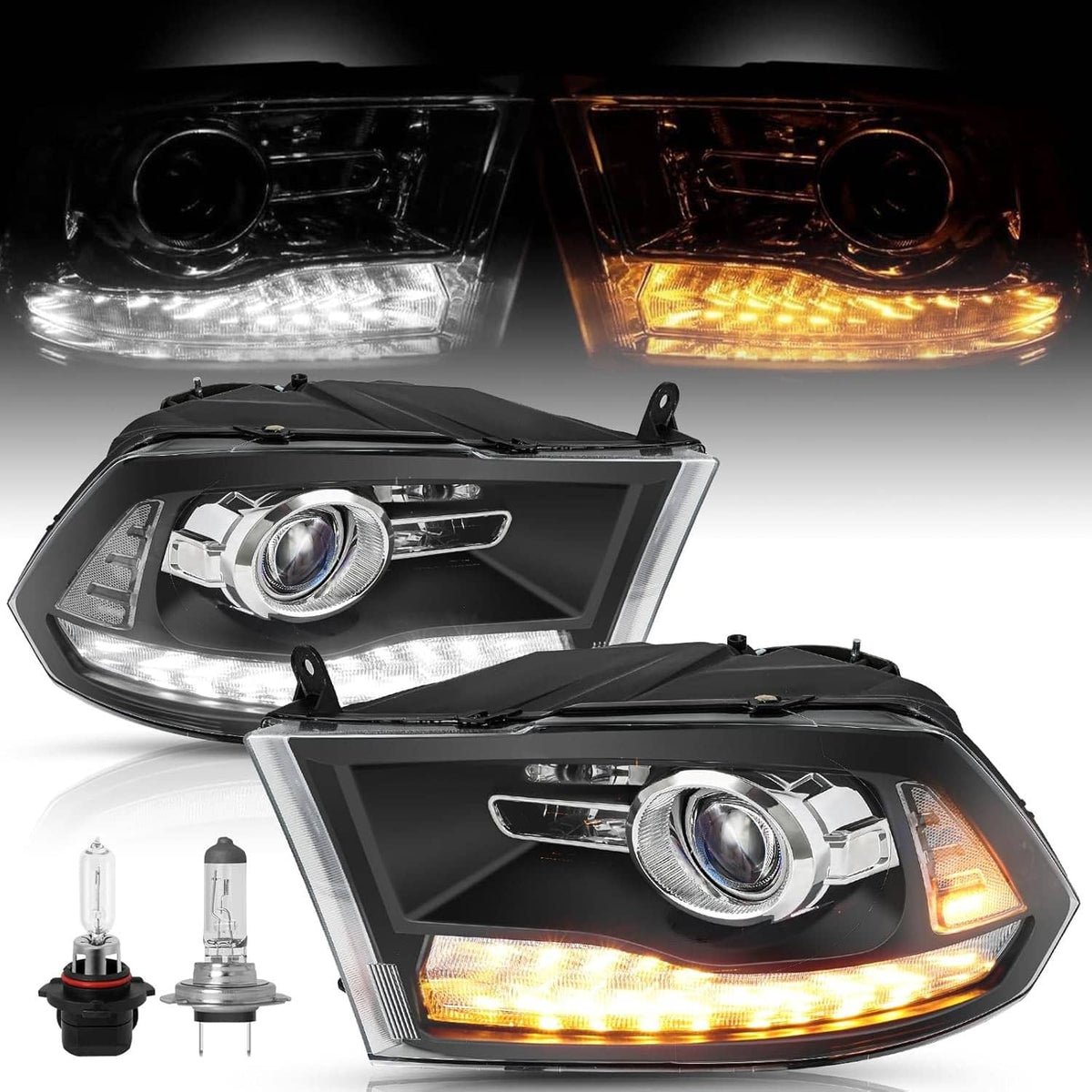 Set of black projector headlights with bright LED DRL and amber turn-signal lights