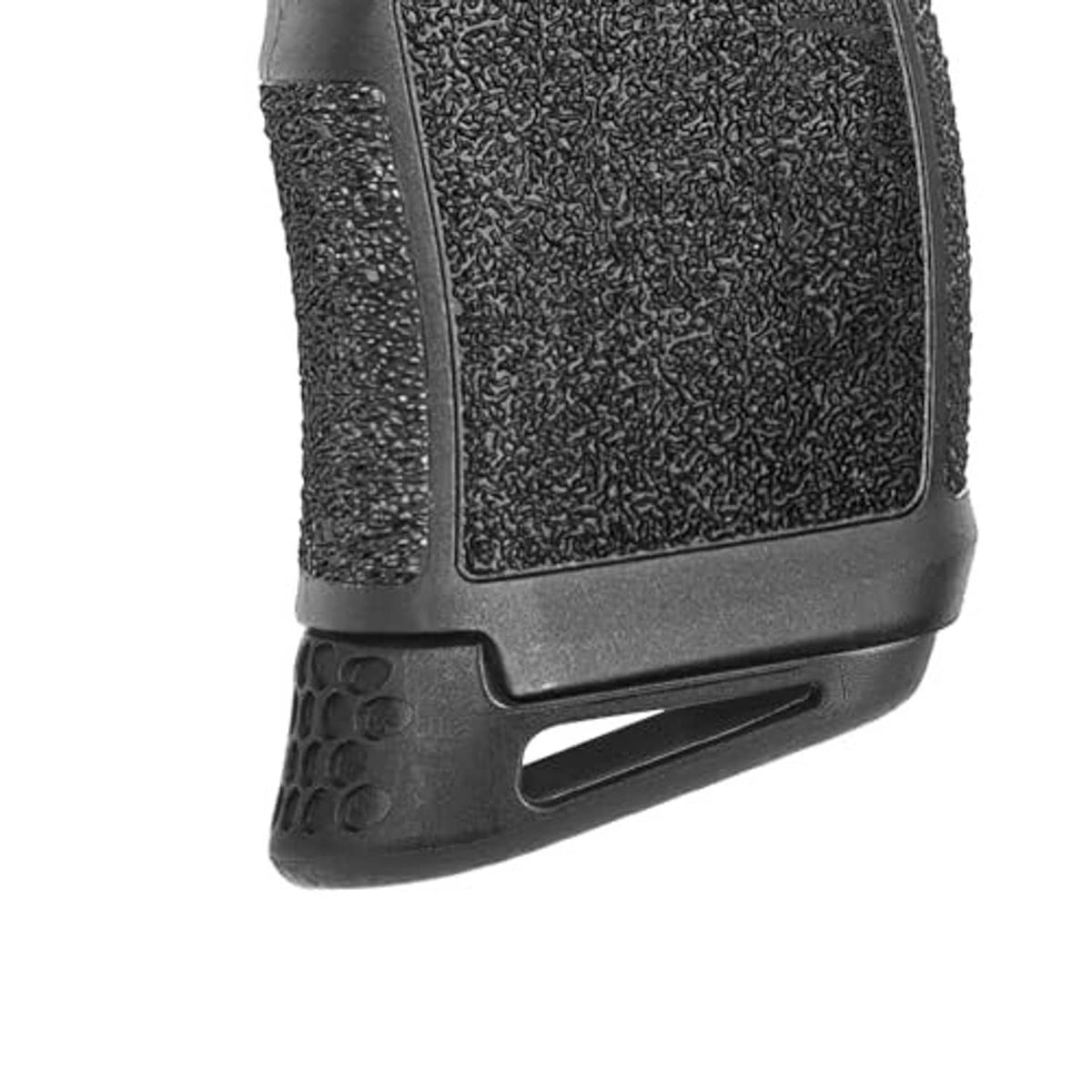 Close-up of black textured pistol grip extension with side cutout and backstrap