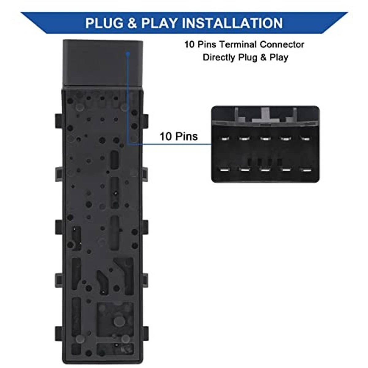 Power recliner seat switch module with 10-pin terminal connector for plug-and-play