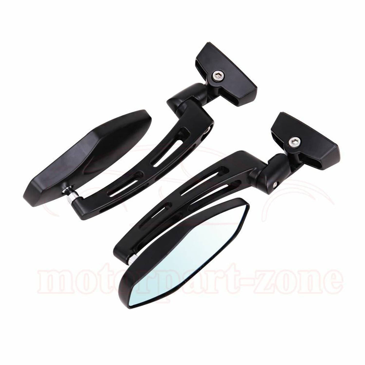 Black motorcycle rearview mirrors with blue-tinted lenses and mounting hardware bracket plates