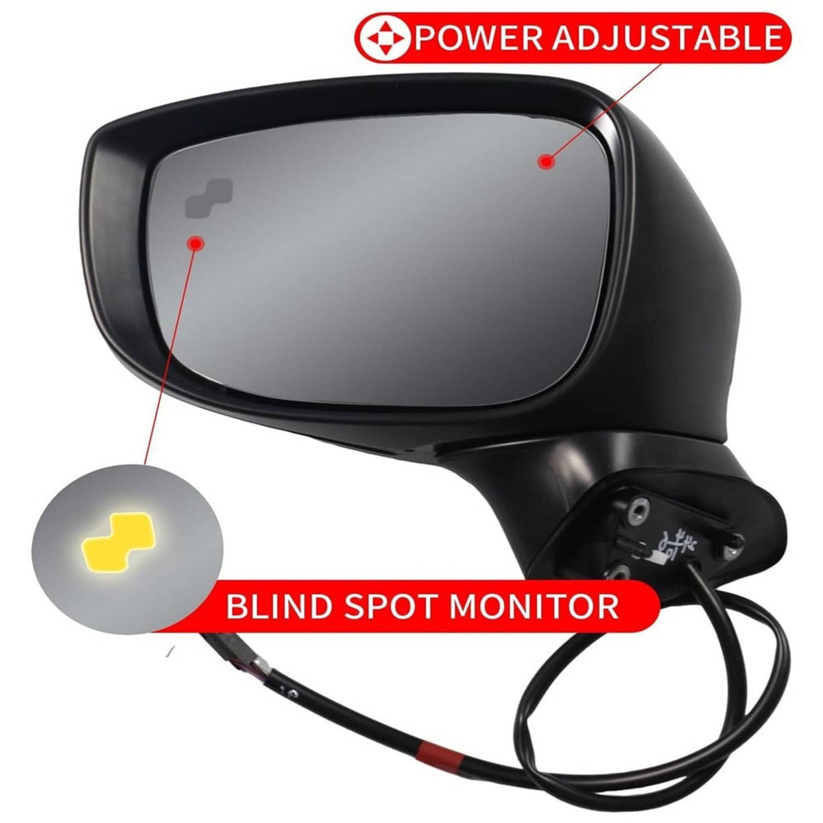 Black left power adjustable mirror with blind spot monitor wiring harness