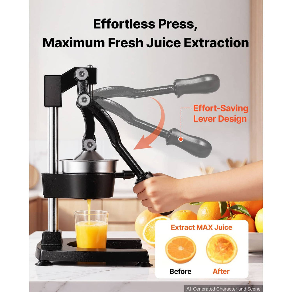 Manual citrus juicer press with black lever, showing juicing mechanism and cup