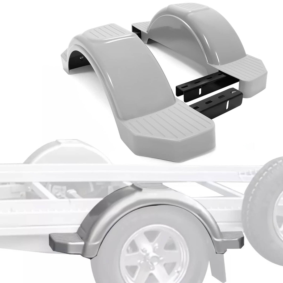 Gray trailer fender with dual step covers and nearby wheel opening