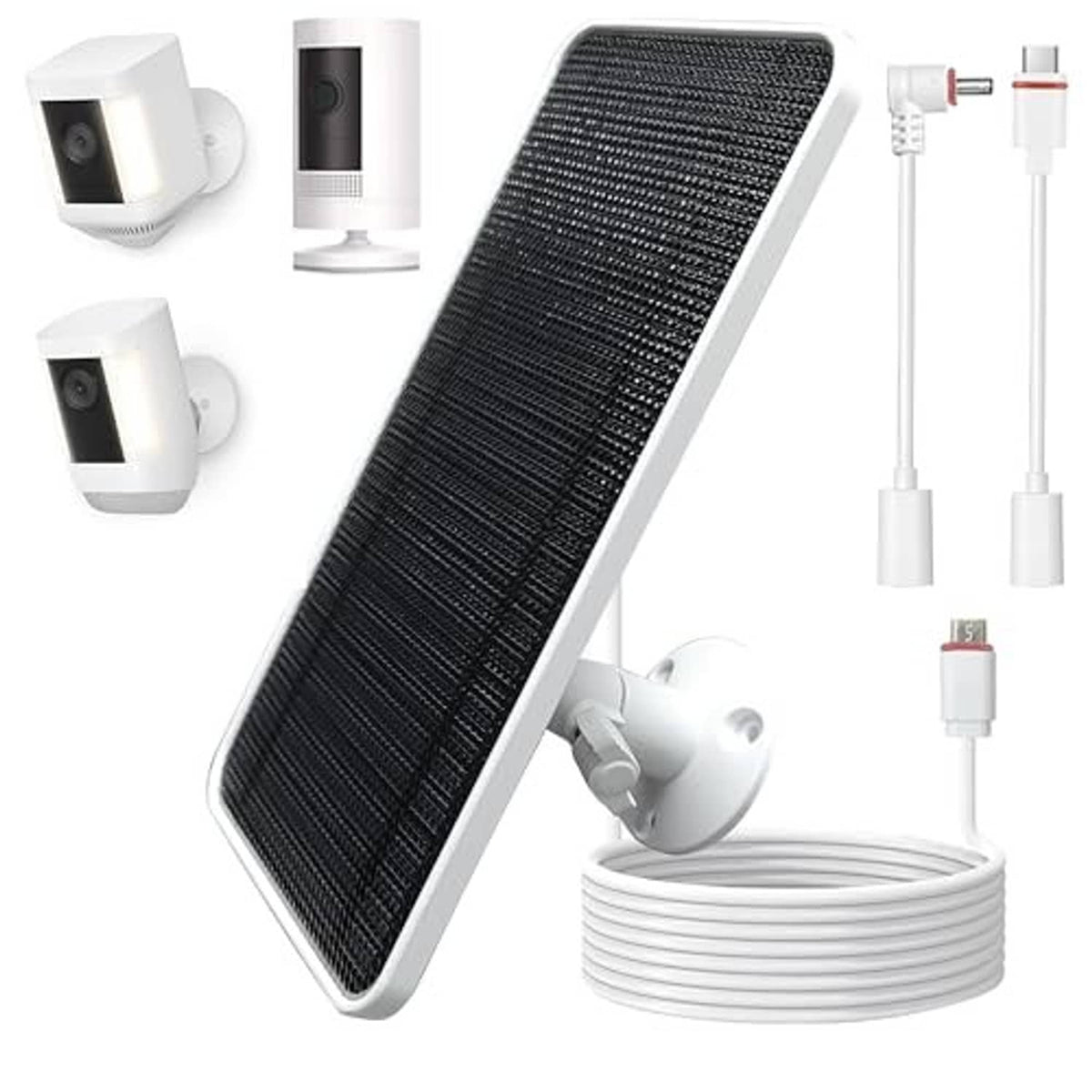 Solar panel charging kit with mounting arms and cable set