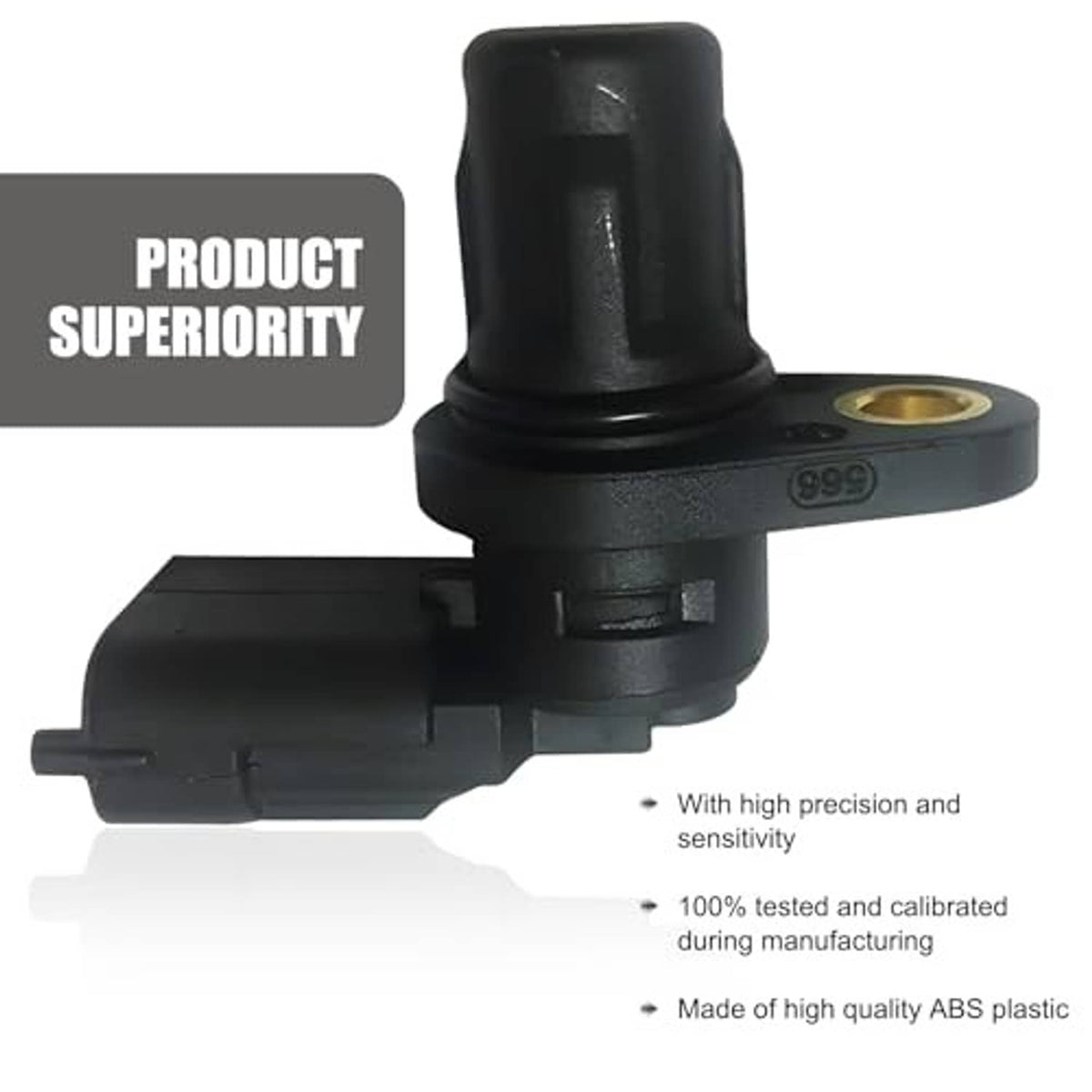 Black camshaft position sensor with gold mounting hole and molded connector