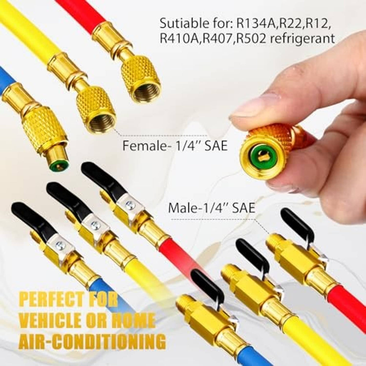 Refrigeration hose coupler with female 1/4 SAE port and green O-ring seal